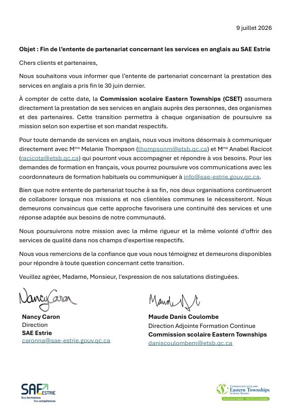 Formations | Services aux entreprises Estrie | Lettre de fin dEntente SAE CSET